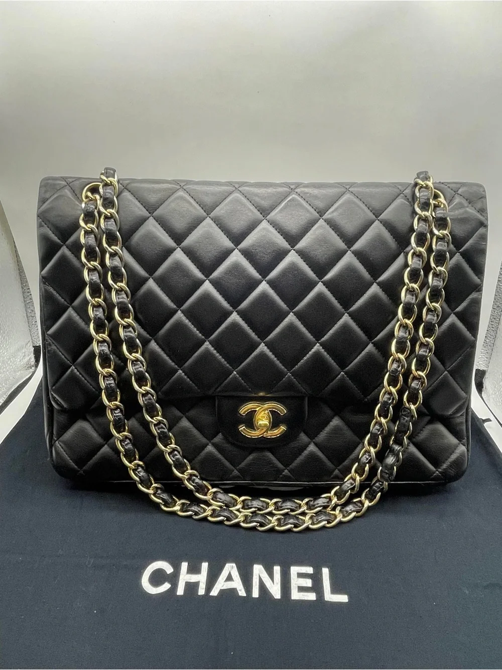 CHANEL Black Quilted Lambskin Double Flap Shoulder Bag with Gold Hardware